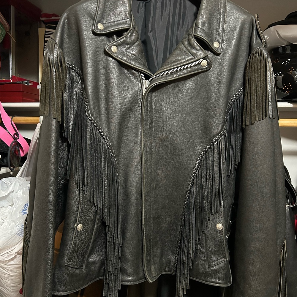 Black Leather Motorcycle Jacket with Fringe and Zippers